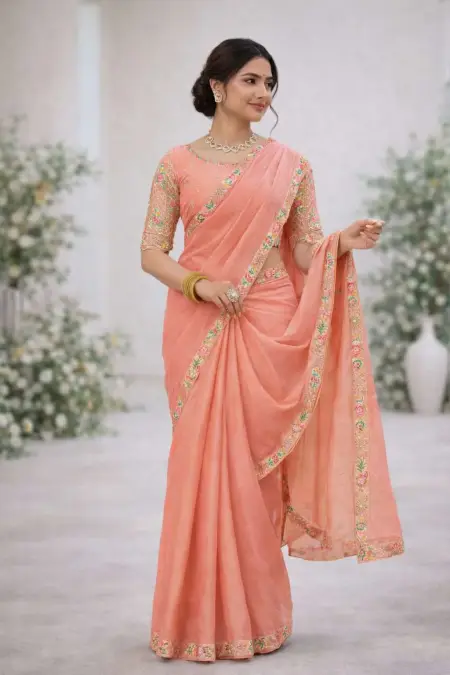 Peach Silk Blend Bollywood Saree - Festive (Regular Sari) (Free Size)