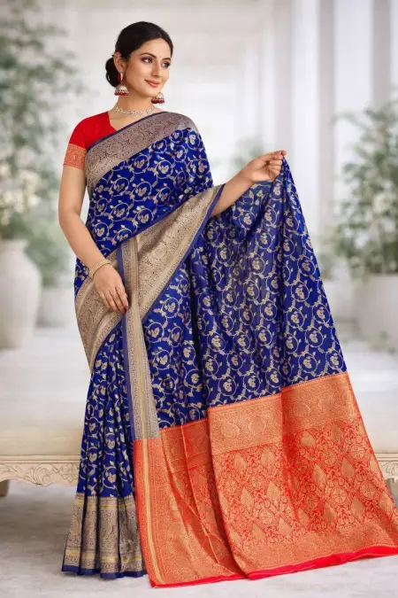 Navy Blue, Red Art Silk Bollywood Saree (Regular Sari)