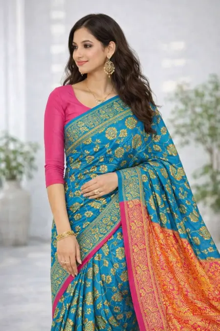 Pink, Teal Banarasi Silk Banarasi Saree - Casual (Regular Sari) (Free Size) view 2