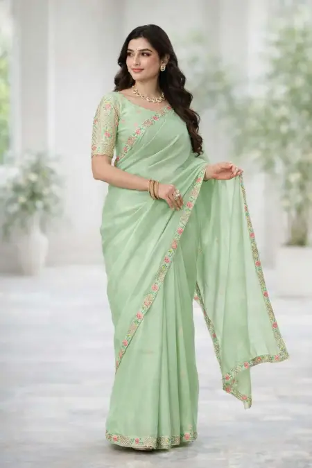 Light Green Silk Blend Bollywood Saree - Festive (Regular Sari) (Free Size)