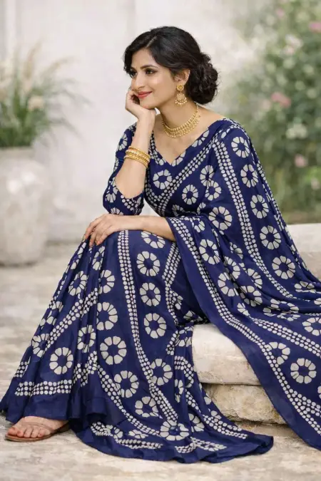 Navy Blue Georgette Bandhani Saree (Regular Sari) view 3