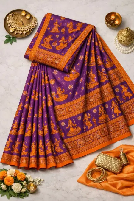 Orange, Purple Cotton Bandhani Saree (Regular Sari) view 4
