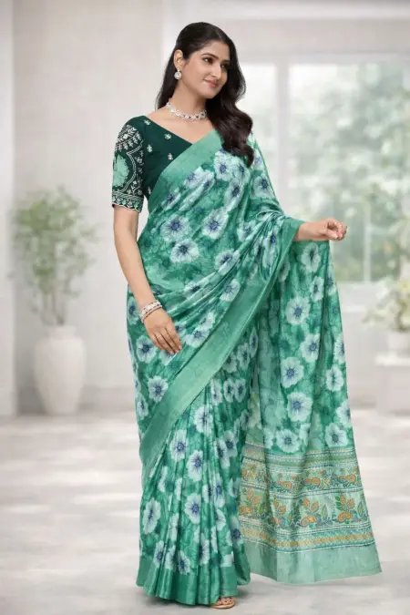 Aqua Blue, Dark Green, Green, Mint Green, Teal Chinon Two Tone Saree (Regular Sari)