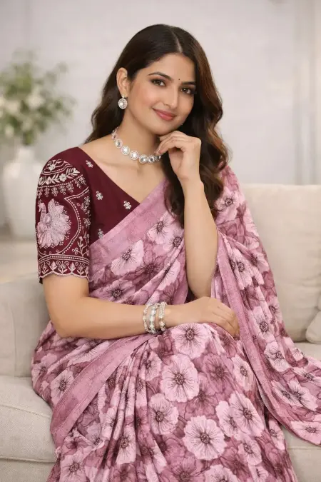 Dark Pink, Magenta, Maroon, Pink Chinon Two Tone Saree - Casual (Regular Sari) (Free Size) view 3