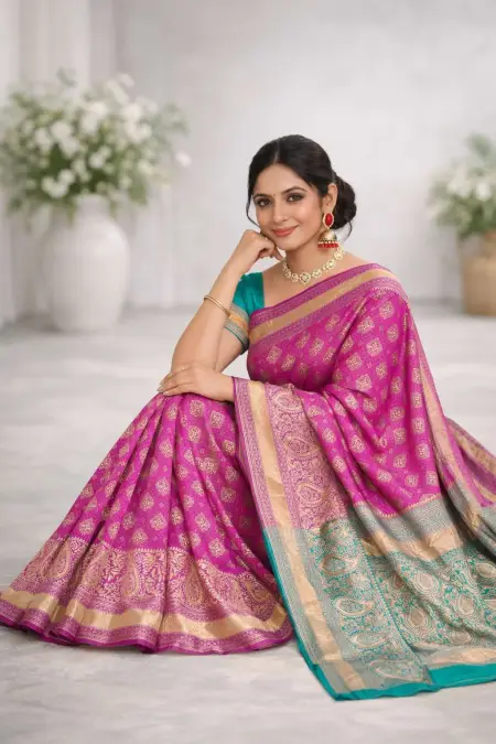 Aqua Blue, Dark Pink Banarasi Silk Banarasi Saree (Regular Sari) view 3