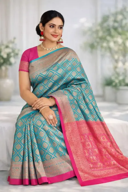 Aqua Blue, Magenta Banarasi Silk Banarasi Saree (Regular Sari) view 3