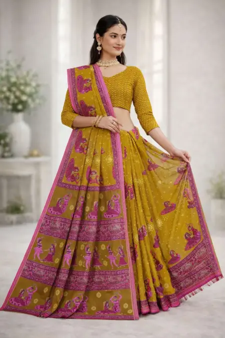 Olive, Pink Cotton Bandhani Saree (Regular Sari)