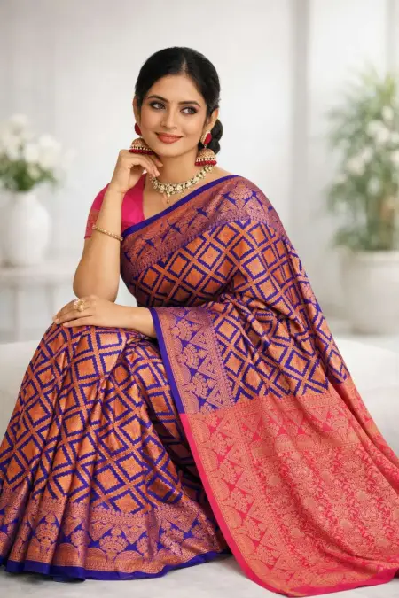 Navy Blue, Pink Banarasi Silk Banarasi Saree (Regular Sari) view 3