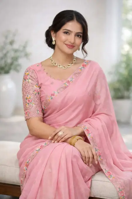 Pink Silk Blend Bollywood Saree - Festive (Regular Sari) (Free Size) view 3