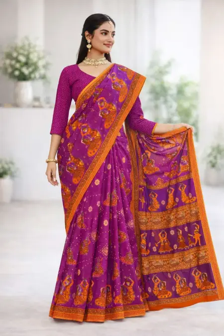 Orange, Purple Cotton Bandhani Saree (Regular Sari)