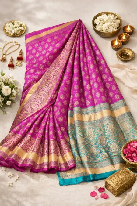 Aqua Blue, Dark Pink Banarasi Silk Banarasi Saree (Regular Sari) view 4