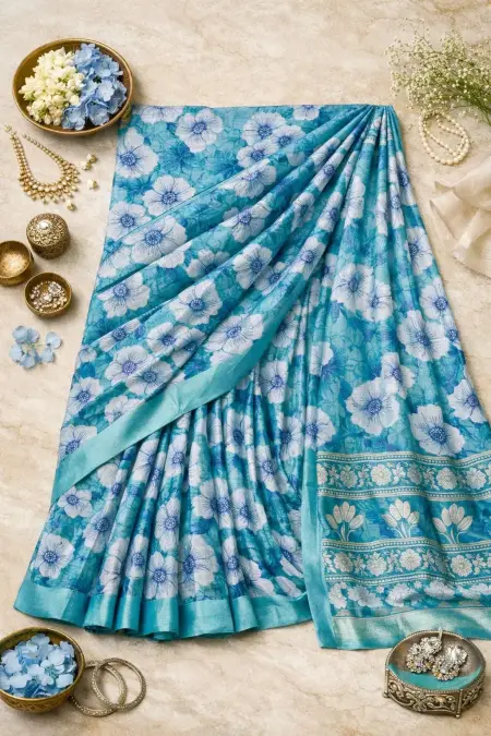 Aqua Blue, Baby Blue, Blue, Dark Green, Light Blue Chinon Two Tone Saree (Regular Sari) view 4