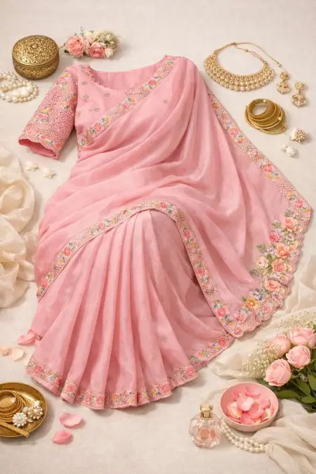 Pink Silk Blend Bollywood Saree - Festive (Regular Sari) (Free Size) view 4