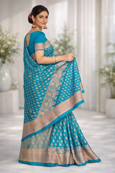 Aqua Blue Art Silk Banarasi Saree view 4