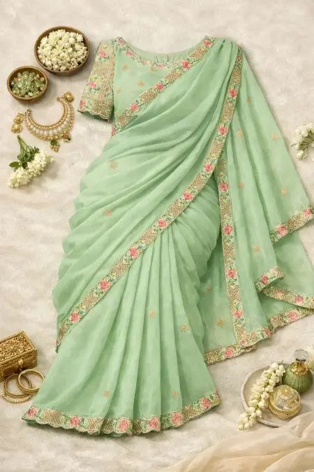 Light Green Silk Blend Bollywood Saree - Festive (Regular Sari) (Free Size) view 4