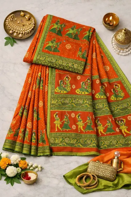 Green, Orange Cotton Bandhani Saree (Regular Sari) view 4