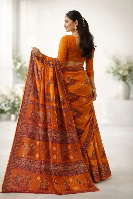 Gajari, Orange Cotton Bandhani Saree (Regular Sari) view 2