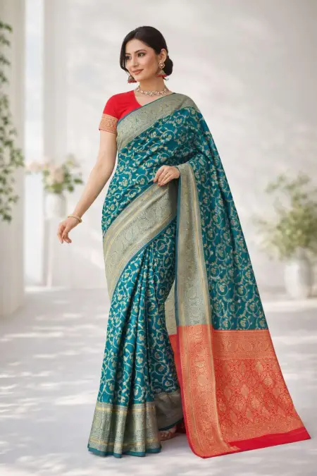 Red, Teal Art Silk Bollywood Saree - Casual (Regular Sari) (Free Size)