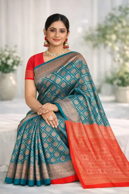 Red, Teal Banarasi Silk Banarasi Saree (Regular Sari) view 3