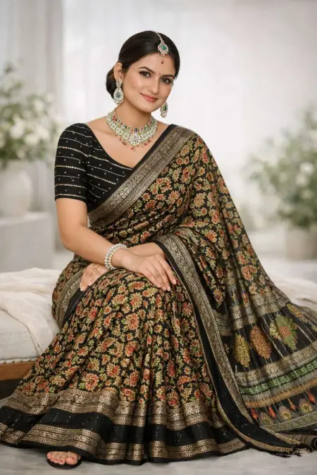 Black, Gold, Grey, Metallic, Silver Banarasi Silk Banarasi Saree (Regular Sari) view 3