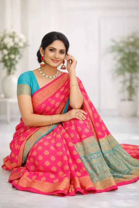 Aqua Blue, Light Blue, Pink Banarasi Silk Banarasi Saree (Regular Sari) view 3