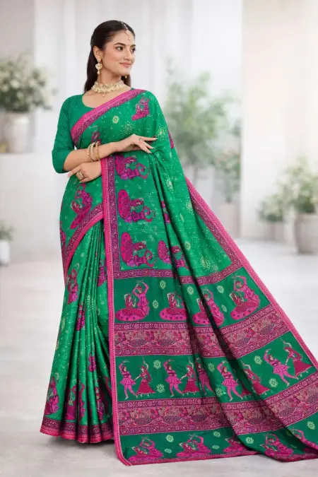 Green, Pink Cotton Bandhani Saree (Regular Sari)