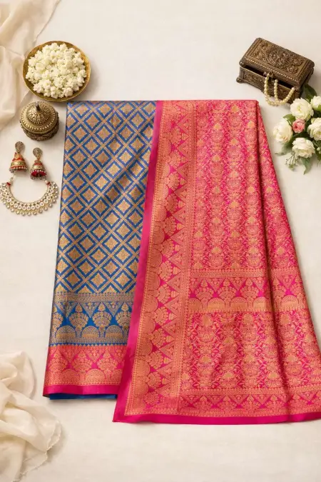 Light Blue, Pink Banarasi Silk Banarasi Saree (Regular Sari) view 4