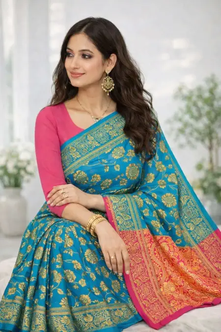 Pink, Teal Banarasi Silk Banarasi Saree - Casual (Regular Sari) (Free Size) view 4