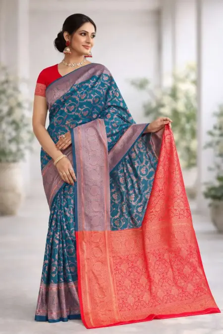 Blue, Red Banarasi Silk Banarasi Saree (Regular Sari)