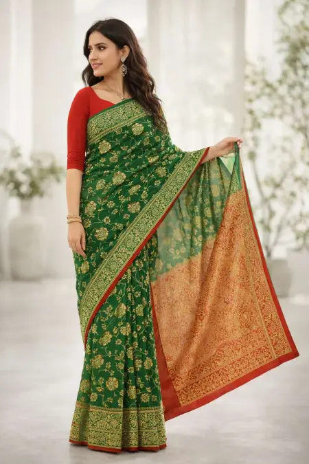 Green, Pink Banarasi Silk Banarasi Saree - Casual (Regular Sari) (Free Size)