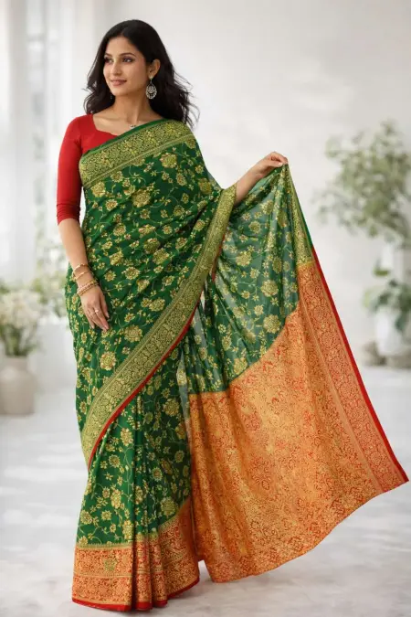 Green, Pink Banarasi Silk Banarasi Saree - Casual (Regular Sari) (Free Size) view 4