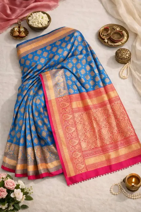 Light Blue, Pink Banarasi Silk Banarasi Saree (Regular Sari) view 4