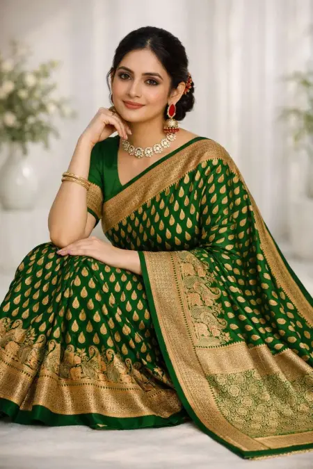 Green, Mehendi Art Silk Banarasi Saree view 3