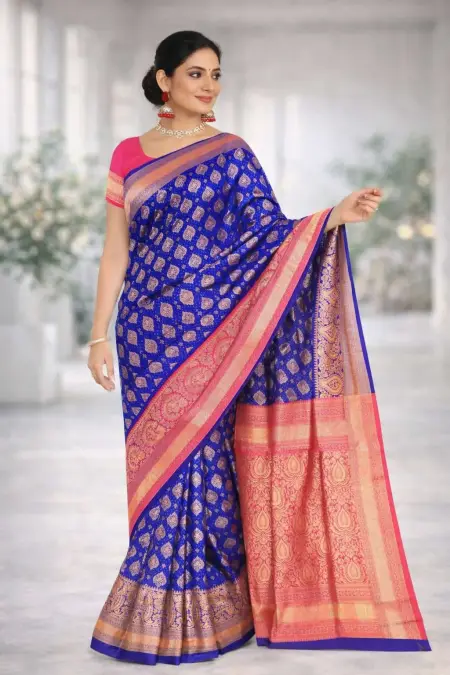 Navy Blue, Pink Banarasi Silk Banarasi Saree (Regular Sari)