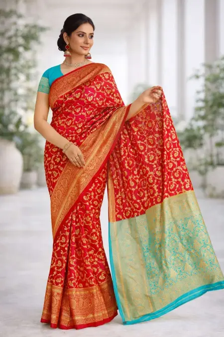 Light Blue, Red Art Silk Bollywood Saree (Regular Sari)