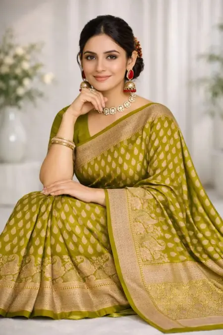 Khaki, Mehendi, Mustard Art Silk Banarasi Saree view 3