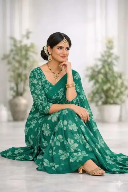 Green Georgette Bandhani Saree (Regular Sari) view 3