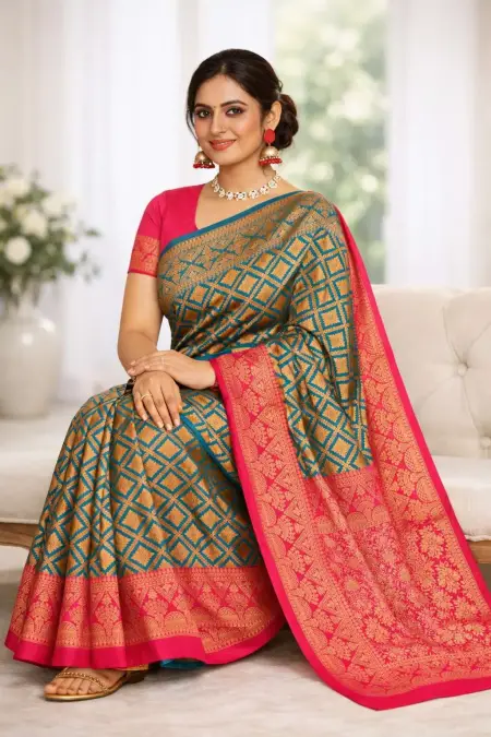 Magenta, Teal Banarasi Silk Banarasi Saree (Regular Sari) view 3