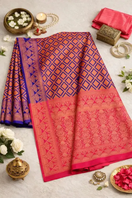 Navy Blue, Pink Banarasi Silk Banarasi Saree (Regular Sari) view 4