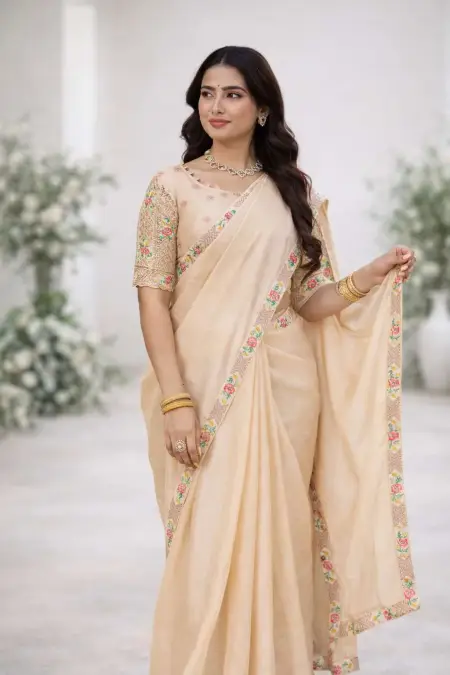 Beige Silk Blend Bollywood Saree - Festive (Regular Sari) (Free Size)