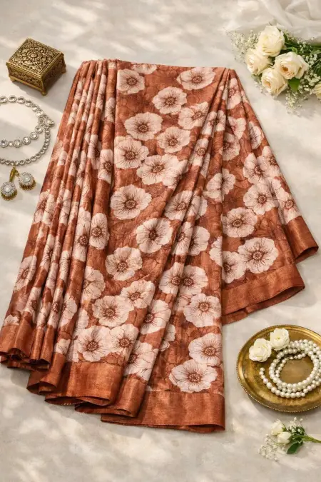 Coral, Dark Pink, Gajari, Maroon, Nude, Orange, Peach, Rust Chinon Two Tone Saree (Regular Sari) view 4