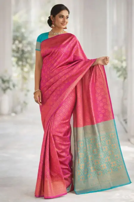Aqua Blue, Pink Banarasi Silk Banarasi Saree (Regular Sari)