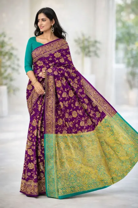 Teal, Wine Banarasi Silk Banarasi Saree (Regular Sari)