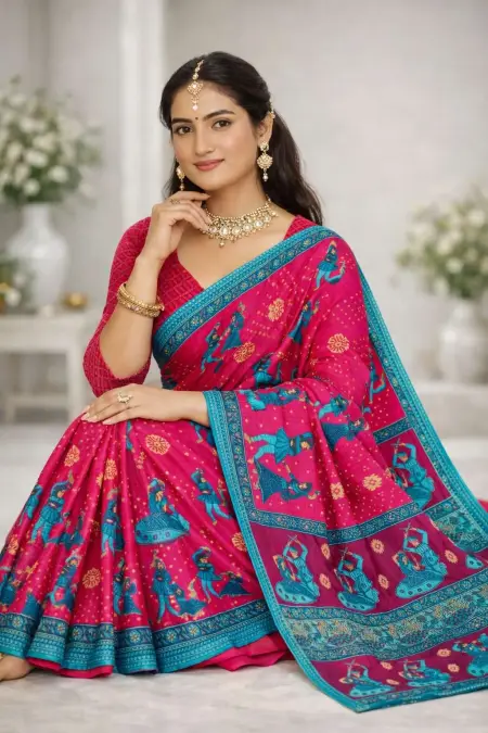 Blue, Pink Cotton Bandhani Saree (Regular Sari) view 3