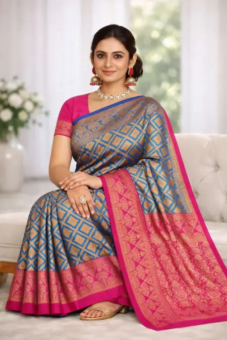 Light Blue, Pink Banarasi Silk Banarasi Saree (Regular Sari) view 3