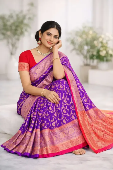 Pink, Purple Banarasi Silk Banarasi Saree (Regular Sari) view 3