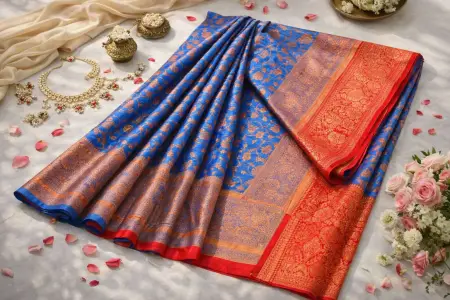 Light Blue, Pink Banarasi Silk Banarasi Saree (Regular Sari) view 4