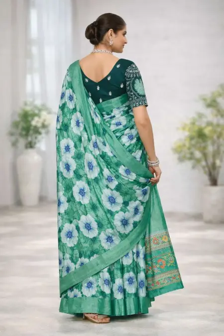 Aqua Blue, Dark Green, Green, Mint Green, Teal Chinon Two Tone Saree (Regular Sari) view 3