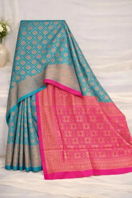 Aqua Blue, Magenta Banarasi Silk Banarasi Saree (Regular Sari) view 4