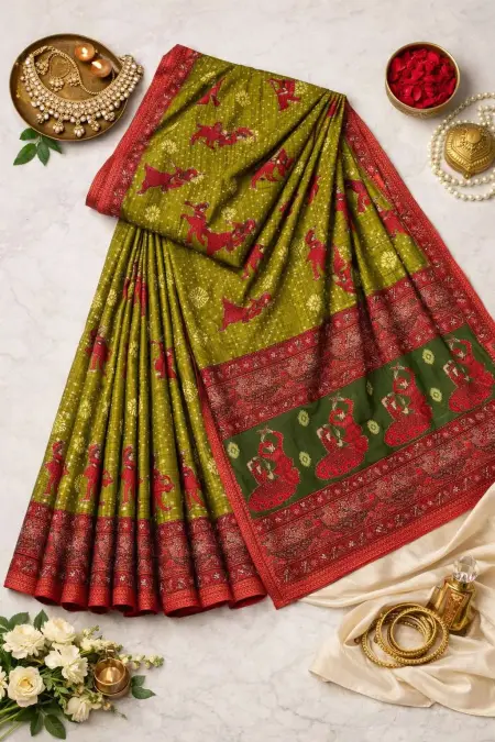 Green, Maroon, Multicolor Cotton Bandhani Saree - Casual (Regular Sari) (Free Size) view 4
